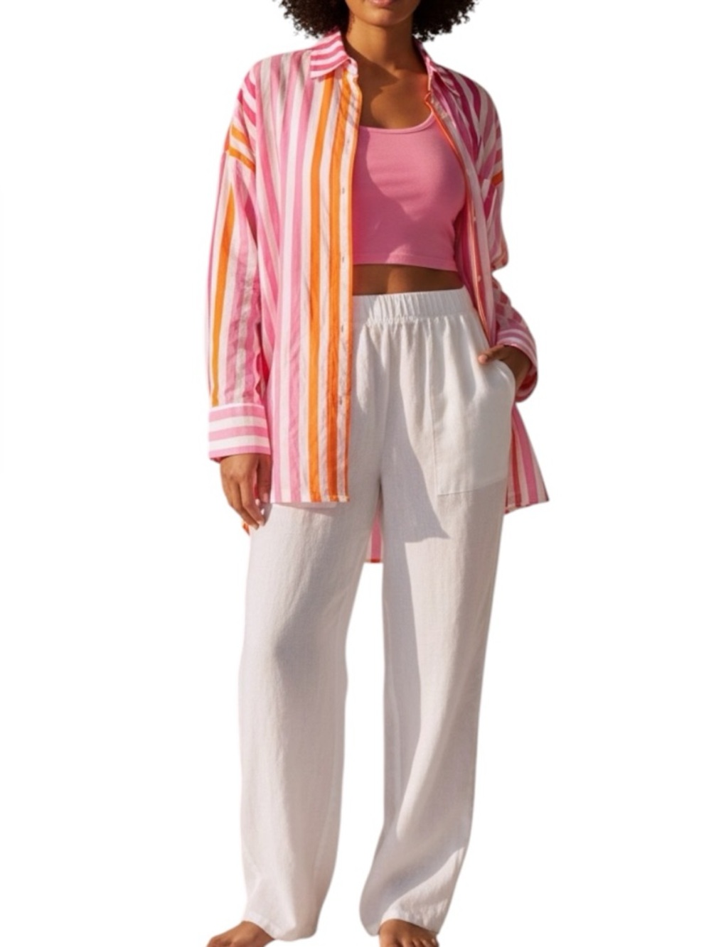 Beach Riot Alexa Sunset Stripes Oversized Cotton Button Front Shirt Cover Up - Picture 9 of 13